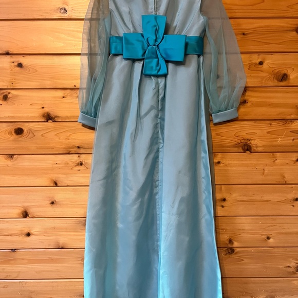 Vintage 1960s light blue & turquoise cocktail prom maxi dress w/ empire waist - Picture 4 of 8